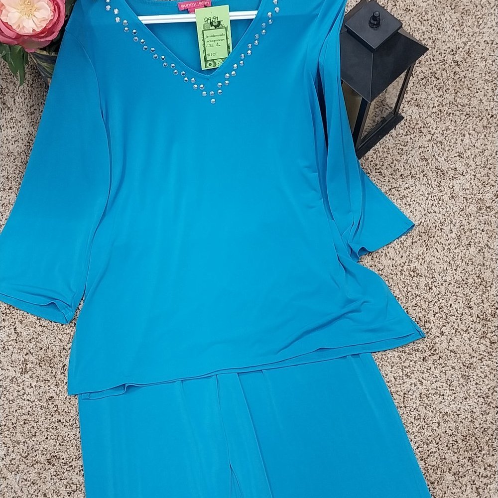 2957 Size Large Sunny Leigh Two Piece Teal Green Embellished Stretch Fabric Set - Picture 3 of 12